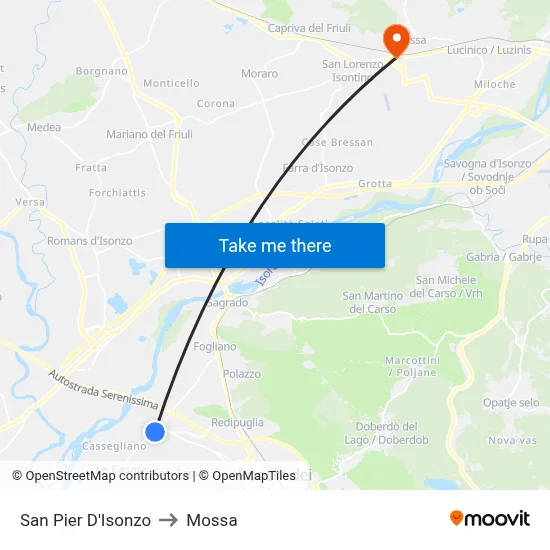San Pier D'Isonzo to Mossa map