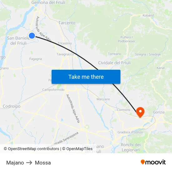 Majano to Mossa map