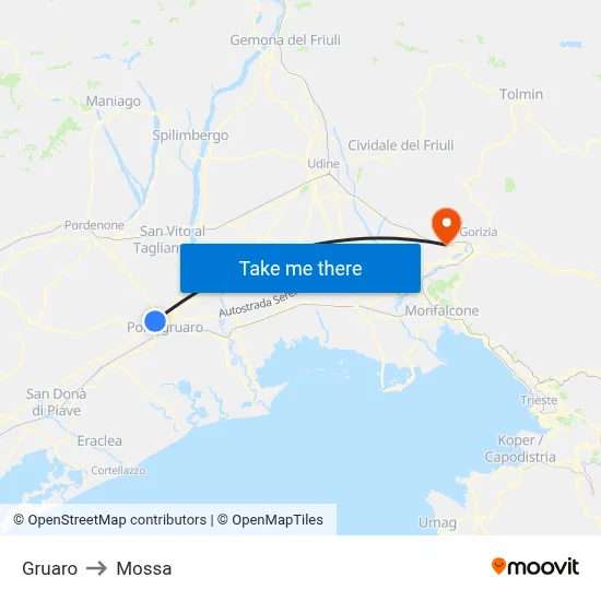 Gruaro to Mossa map
