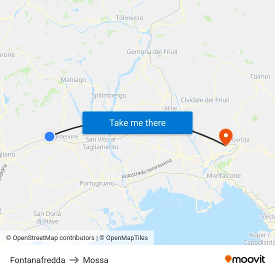Fontanafredda to Mossa map