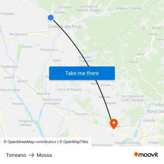 Torreano to Mossa map
