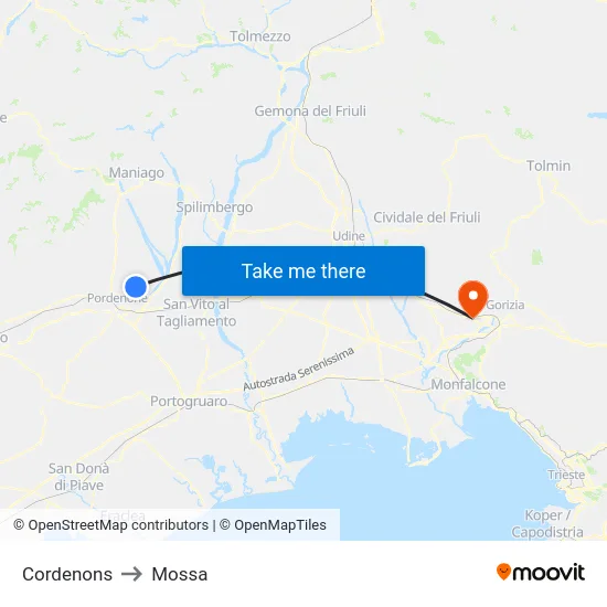 Cordenons to Mossa map