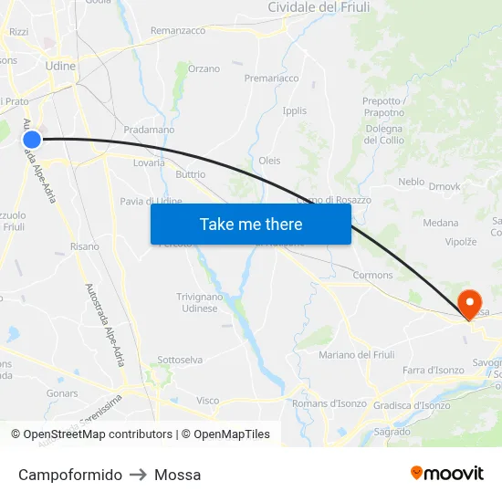 Campoformido to Mossa map