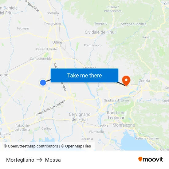 Mortegliano to Mossa map