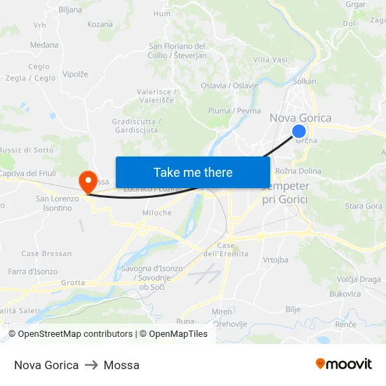 Nova Gorica to Mossa map