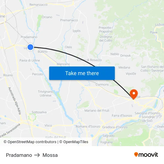 Pradamano to Mossa map