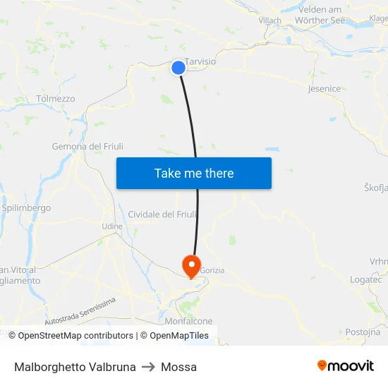 Malborghetto Valbruna to Mossa map