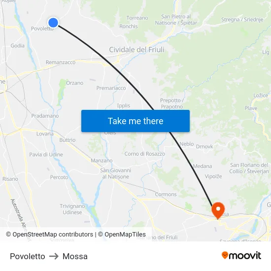 Povoletto to Mossa map