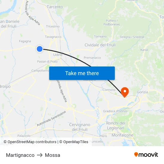 Martignacco to Mossa map