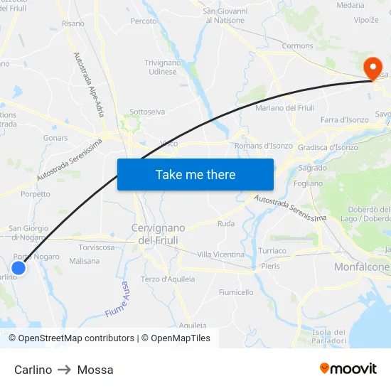 Carlino to Mossa map