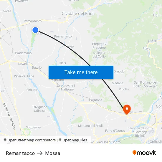 Remanzacco to Mossa map