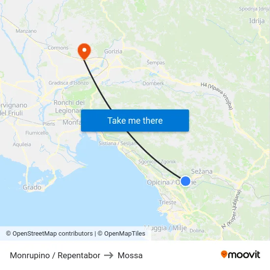 Monrupino / Repentabor to Mossa map