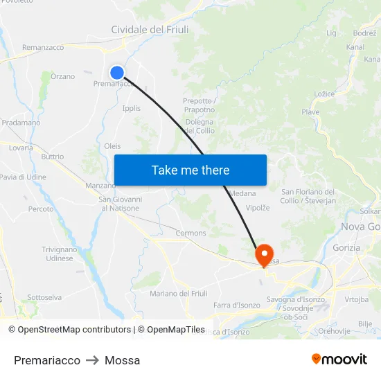 Premariacco to Mossa map