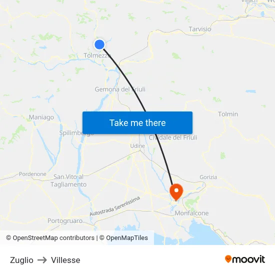 Zuglio to Villesse map