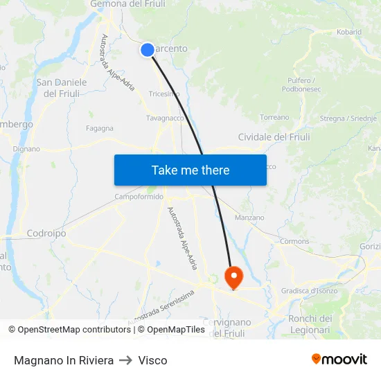 Magnano in Riviera to Visco map
