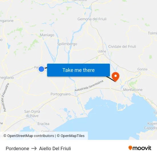 Pordenone to Aiello Del Friuli map