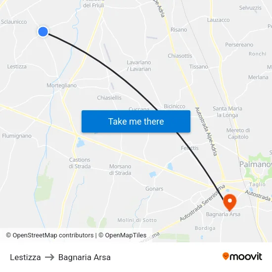 Lestizza to Bagnaria Arsa map