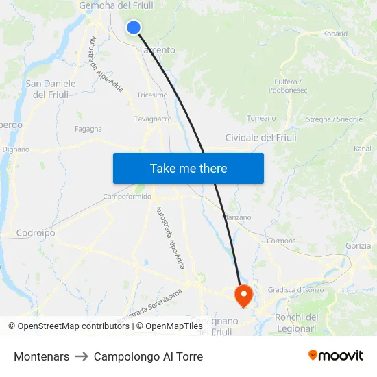Montenars to Campolongo Al Torre map