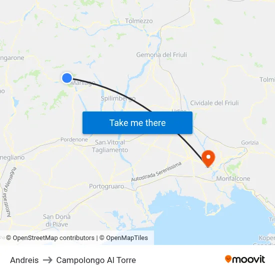 Andreis to Campolongo al Torre map