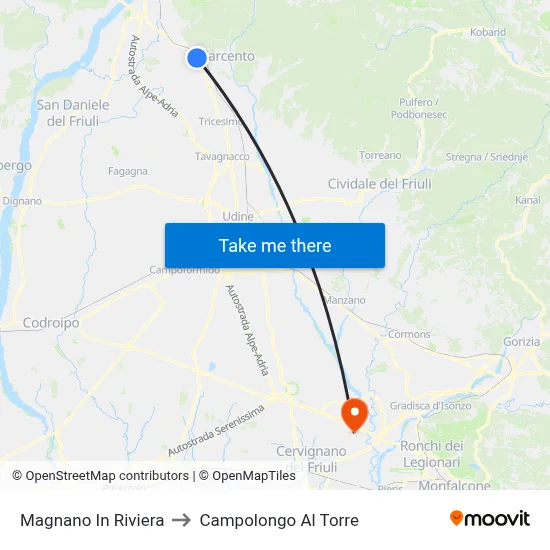 Magnano in Riviera to Campolongo al Torre map