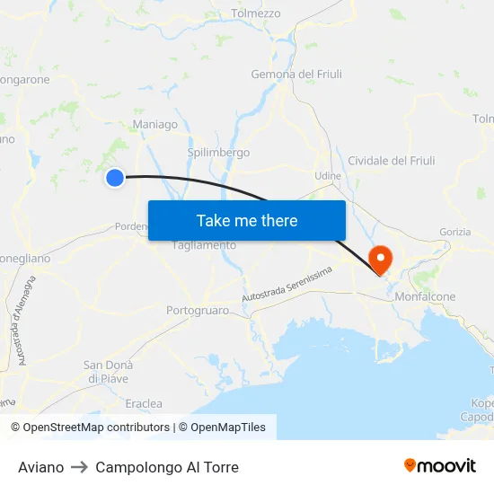 Aviano to Campolongo al Torre map