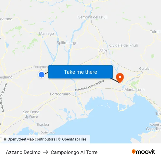 Azzano Decimo to Campolongo al Torre map