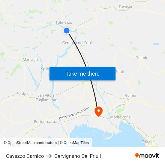 Cavazzo Carnico to Cervignano Del Friuli map