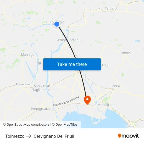 Tolmezzo to Cervignano del Friuli map