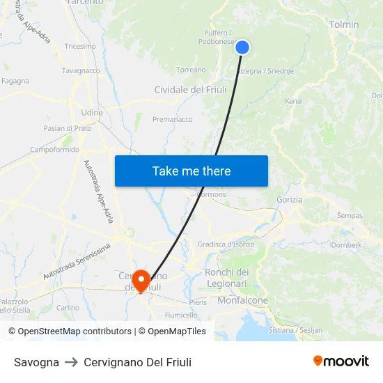 Savogna to Cervignano del Friuli map