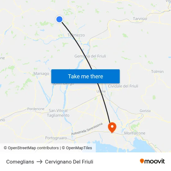 Comeglians to Cervignano del Friuli map