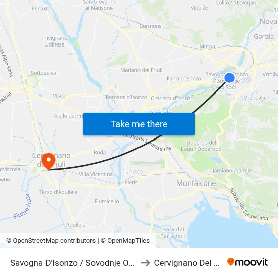 Savogna d'Isonzo / Sovodnje ob Soči to Cervignano del Friuli map
