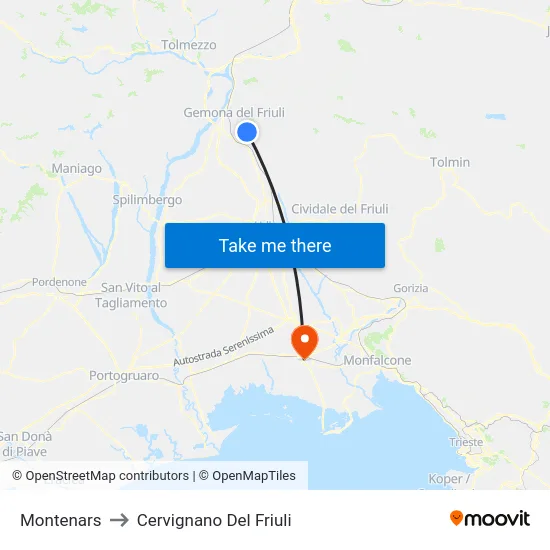 Montenars to Cervignano Del Friuli map