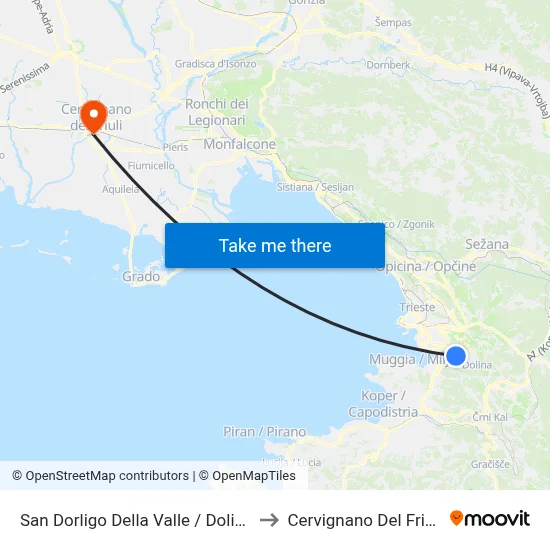 San Dorligo della Valle / Dolina to Cervignano del Friuli map