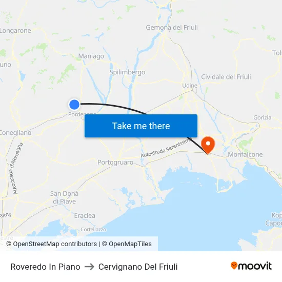 Roveredo in Piano to Cervignano del Friuli map