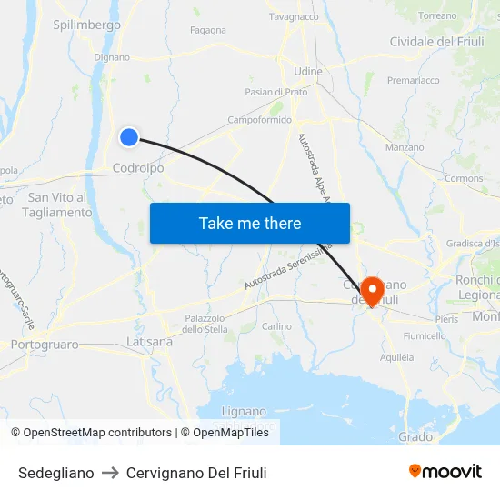Sedegliano to Cervignano del Friuli map