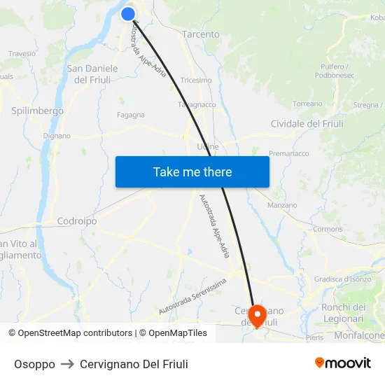 Osoppo to Cervignano del Friuli map