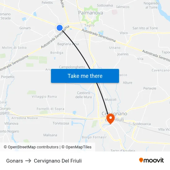 Gonars to Cervignano del Friuli map