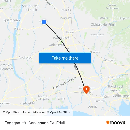 Fagagna to Cervignano del Friuli map
