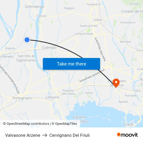Valvasone Arzene to Cervignano del Friuli map