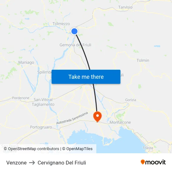 Venzone to Cervignano Del Friuli map