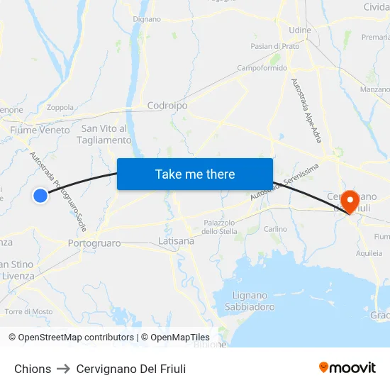 Chions to Cervignano del Friuli map