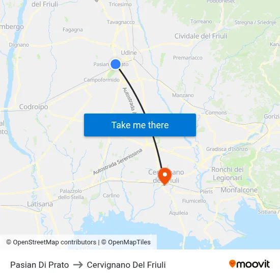 Pasian di Prato to Cervignano del Friuli map