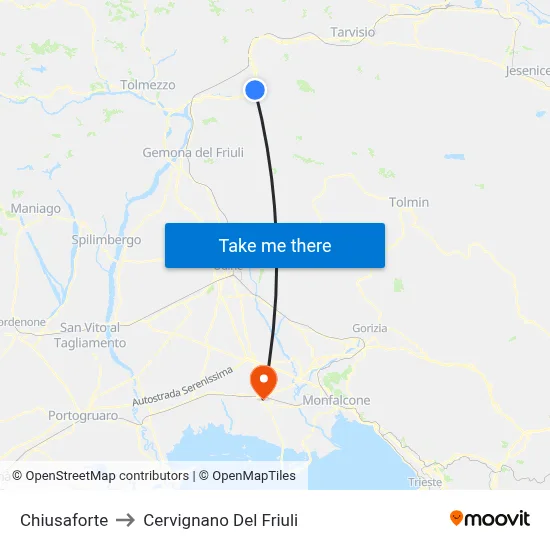 Chiusaforte to Cervignano del Friuli map