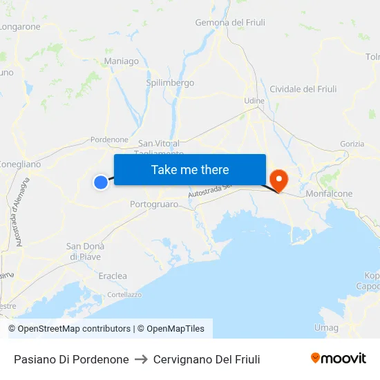 Pasiano di Pordenone to Cervignano del Friuli map