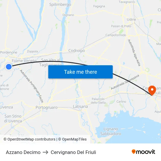 Azzano Decimo to Cervignano del Friuli map
