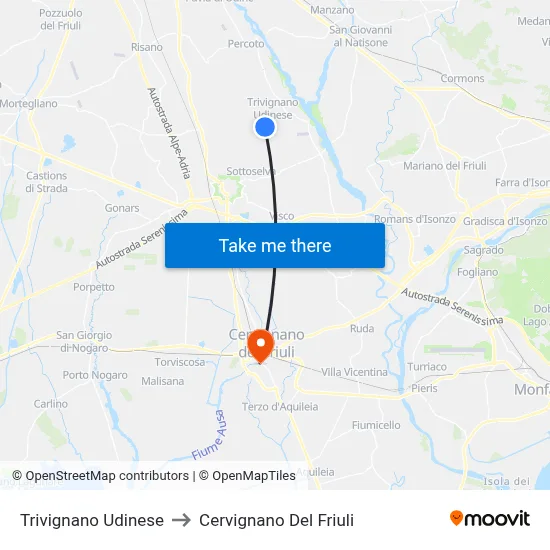 Trivignano Udinese to Cervignano del Friuli map