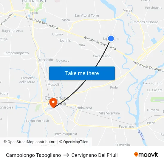 Campolongo Tapogliano to Cervignano del Friuli map