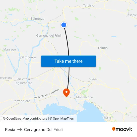 Resia to Cervignano del Friuli map