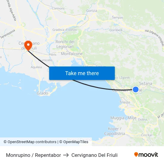 Monrupino / Repentabor to Cervignano del Friuli map
