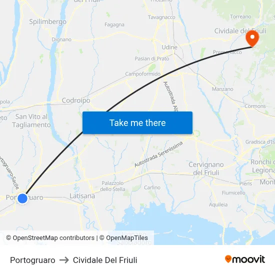 Portogruaro to Cividale del Friuli map